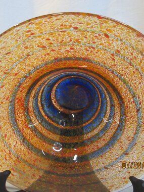 MID CENTURY~ORANGE & BLUE SWIRL ART GLASS BOWL, ROUGH PONTIL~SIGNED & DATED